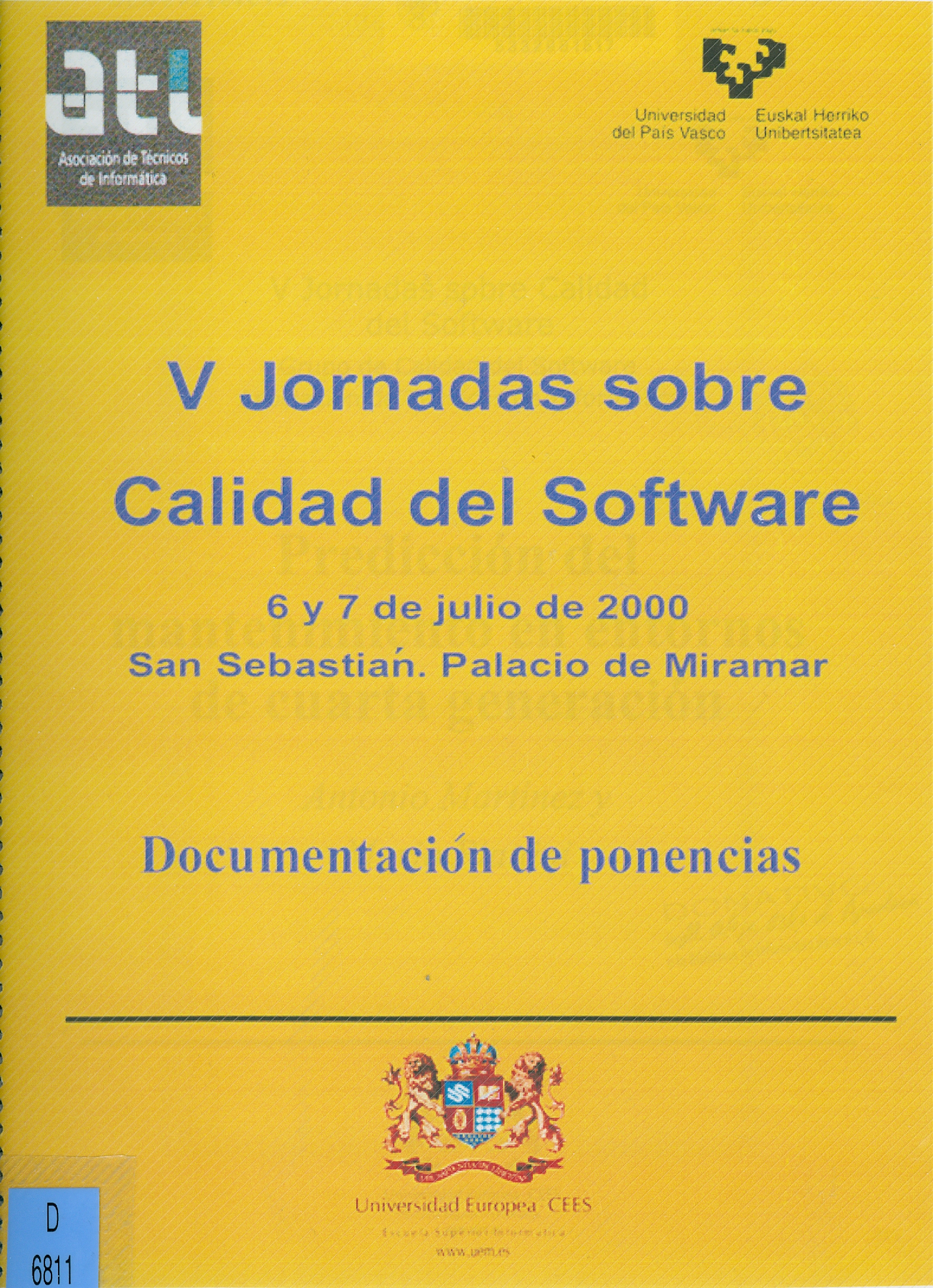 Imagen de portada del libro V Jornadas sobre Calidad del Software, 6 y 7 de julio de 2000. San Sebastián, Palacio de Miramar