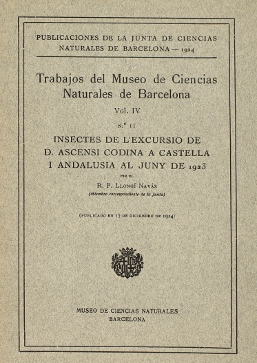 Imagen de portada del libro Insectes de l’excursió de D. Ascensi Codina a Castella i Andalusia al juny de 1923