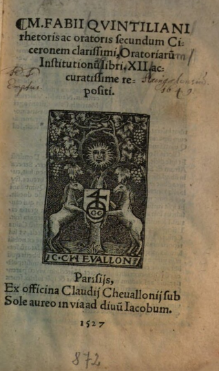 Imagen de portada del libro M. Fabii Qvintiliani ... Oratoriaru Institutionu libri. XII ... [XIX. Declamationes ...].