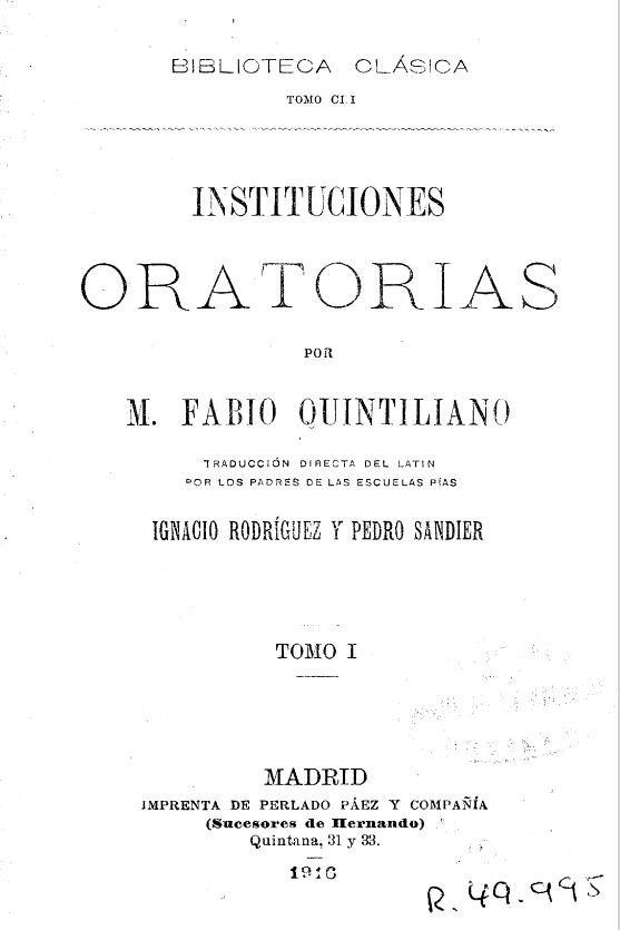 Imagen de portada del libro Instituciones oratorias