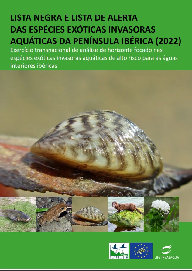Imagen de portada del libro Lista negra e lista de alerta das espécies exóticas invasoras aquáticas da península ibérica (2022)